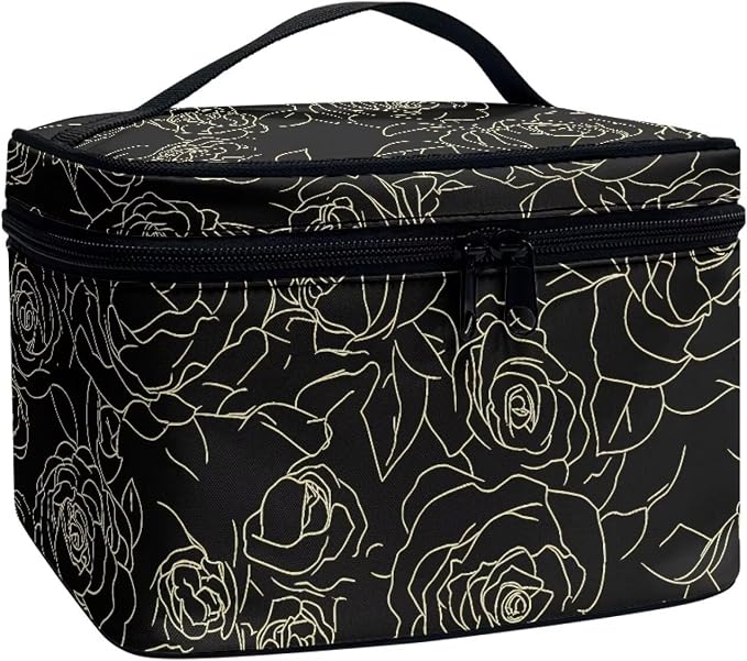 Rose Flowers Large Travel Toiletry Bag for Women Makeup Bags, Line Drawing Roses Floral Dopp Kit Portable Cosmetic Organizer for Toiletries
