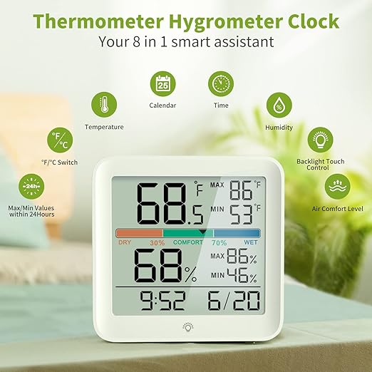 Indoor Digital Thermometer Hygrometer, Room Temperature Humidity Monitor | Accurate with Calibration, Backlight, Air Comfort Indicator, 24H Max Min Records, Time, Date (AAA Batteries Included)