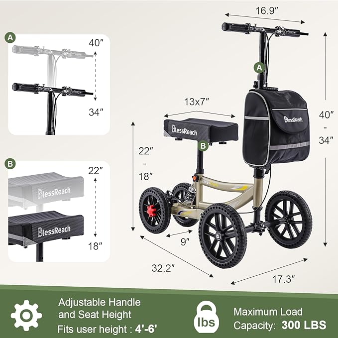 Knee Scooter, 300lbs Capacity, 13" Big PU Seat, Disc Brake Knee Walker, All Terrain Foldable Knee Scooter Walker with Bag for Foot Injuries Compact Crutches Alternative (Champagne)