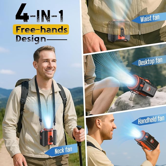 Portable Rechargeable Wearable Belt Fan with 5 Wind Speeds, LED Light, Strong Cooling Airflow for Camping, Work, Travel, Powerful and Lightest Portable Waist