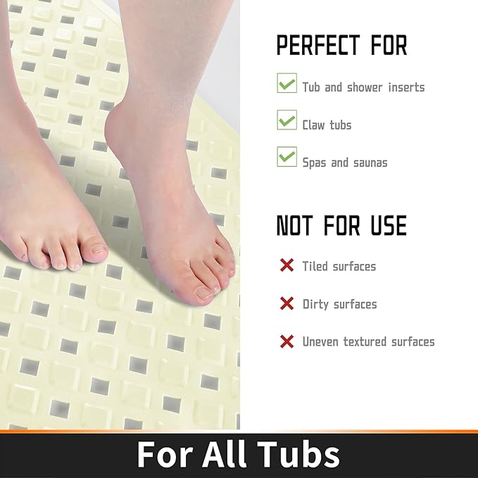 Yimobra Bathtub Mat Non Slip, Super Strong Suction Cups, 27.5"x15.5" Long Shower Mat with Drain Holes, Machine Washable Fast Draining Bath Mats, Bathroom Essentials,Beige