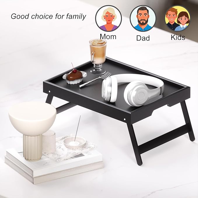 Fibogollo 4 Pack Bamboo Bed Tray Table with Folding Legs,Breakfast Trays,Serving Tray,Laptop Trays for Working,Food Snack Tray for Bed and Sofa(Black)