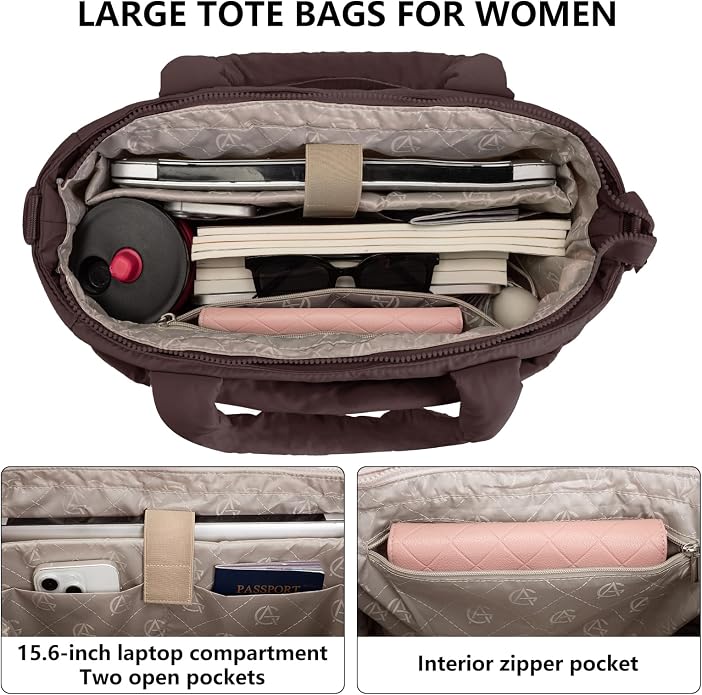 Puffer Tote Bag for Women Quilted Nurse Bag Lightweight Work Bag for Teacher Travel Handbag with Multiple Pockets