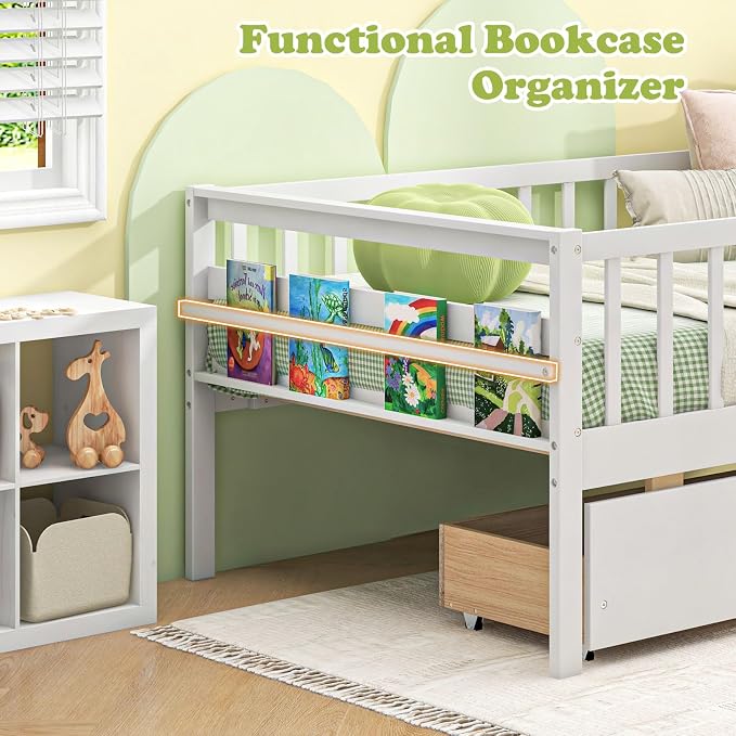 Giantex Twin Kids Bed with Storage Drawers, Wood Montessori Bed with Rails & Side Shelf, Low Daybed for Boys, Girls, No Box Spring Needed (White)