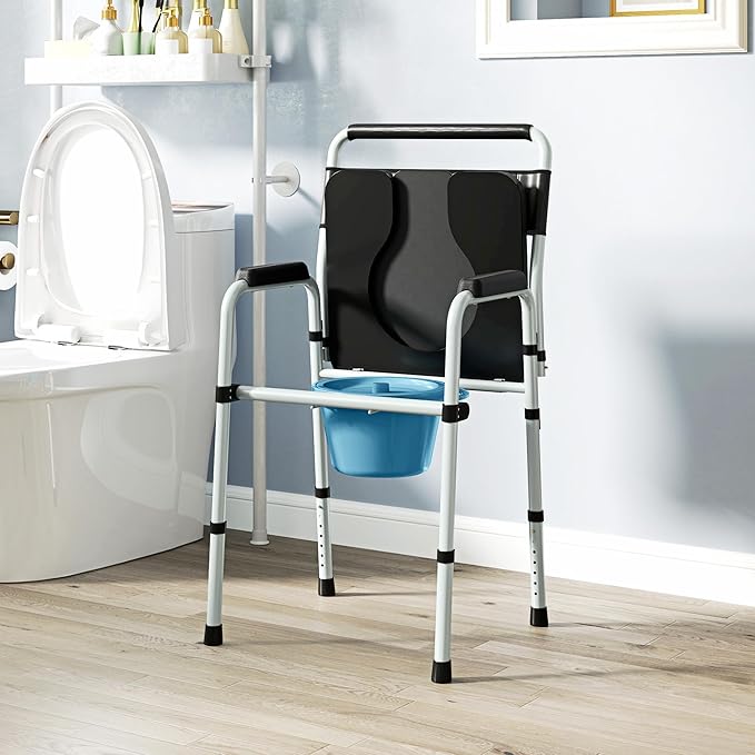 HOMCOM 4 in 1 Bedside Commode Shower Chair Portable Toilet Raised Toilet Seat with Handle for Seniors, Adults, Handicap, Adjustable Height, Black