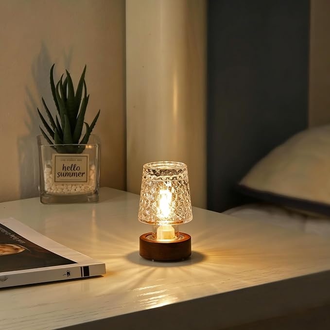 Mini Soft Warm LED Night Light, Battery Operated Portable Glass Lamp with Timer, Art Deco Style, Crystal Color, for Adults