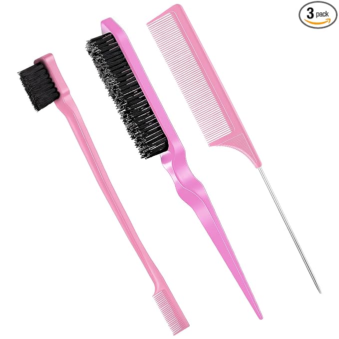 Geiserailie 3 Pcs Slick Back Hair Brush Set Bristle Brush Edge Control Teasing Comb for Women Black Hair(Light Pink)