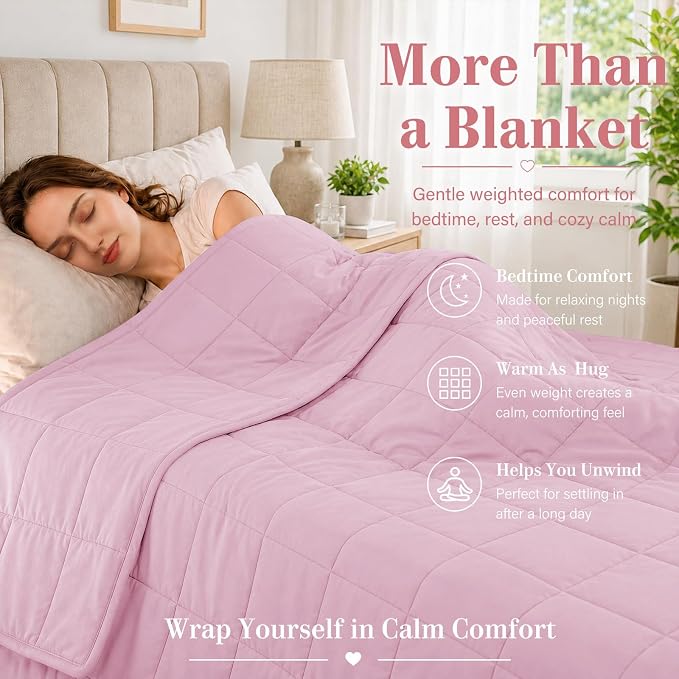L'AGRATY Weighted Blanket for Adults 15lbs, 48"x72", Pink Twin Full Size Heavy Throw Blanket, Cooling, Breathable, Microfiber with Glass Beads, Big, Washable, All-Season