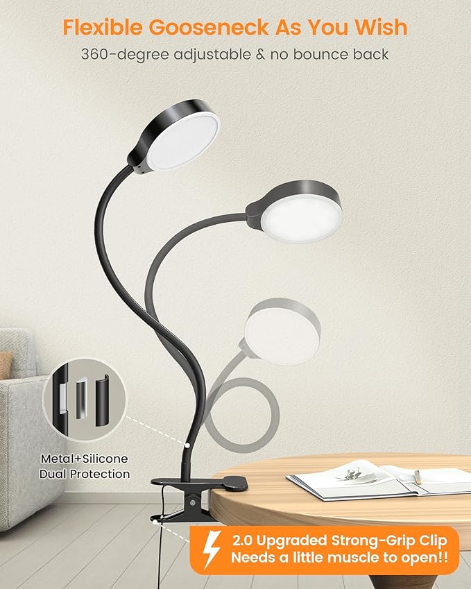 Glocusent 5W 36 LED Reading Clip on Light for Bed, Eye Caring Bed Lamp, 3 Colors & 5 Brightness Levels for Headboard with Adapter, Perfect for Reading, Working & Studying (Black with Remote)