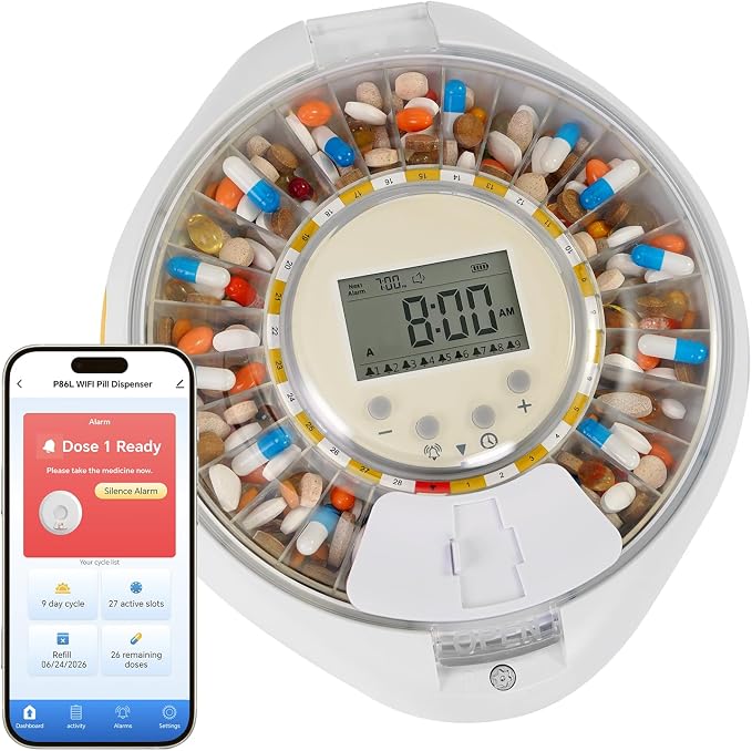 Bluetooth Automatic Pill Dispenser with Safety Lock for Seniors | App/Sound/Light Reminder - Up to 9 Alarms/Day, Medication Track History, Front Security Lock & Ergonomic Flip Lid