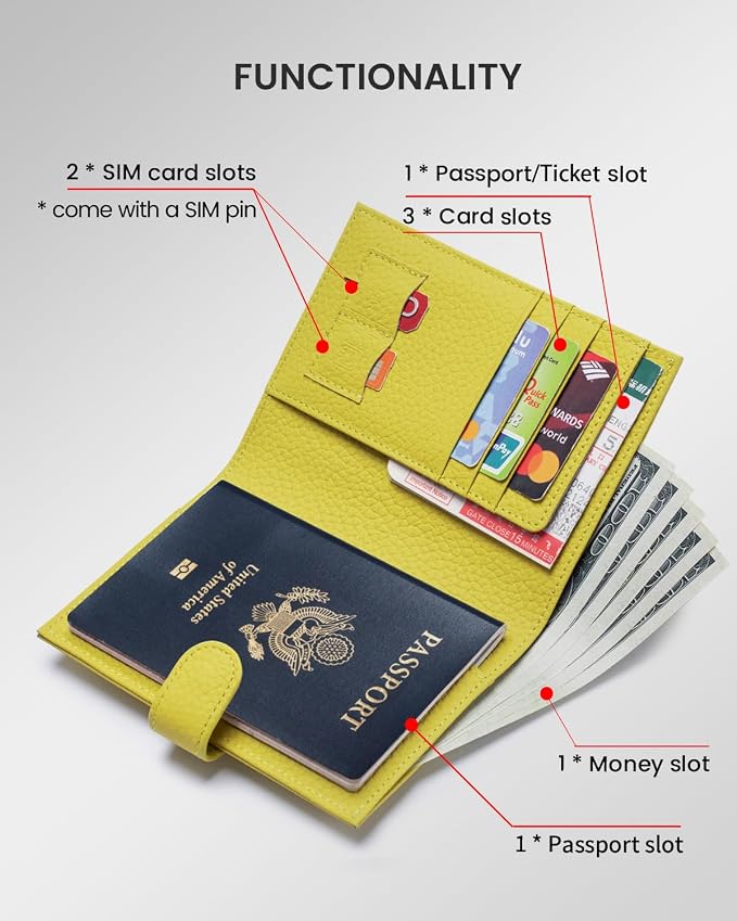 Karmiir RFID Passport Holder Travel Wallet for Women, Leather Passport Cover Wallet with Card Holders SIM Slots,Zippered Coins Pocket and Cash Slot Slim Compact Travel Wallet (Lemon Yellow)