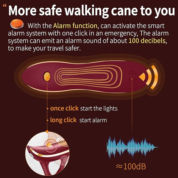 Smart Alarm Walking Cane for Men & Women, Telescopic and Adjustable Walking Sticks for Seniors, USB Direct Charge, with LED Light, One Cane for Three Purposes, Light and Stable