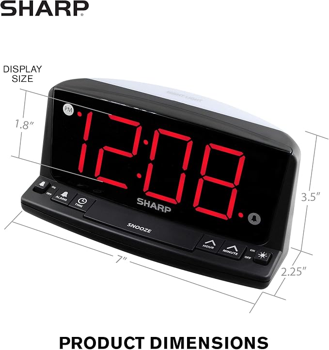 Sharp Digital Alarm Clock, 1.8" Red LED, Night Light, Loud Alarm, Black | Front keyboard controls, 9-minute snooze, AC powered, 9V settings backup, across-room viewing, bedroom, nursery, bathroom