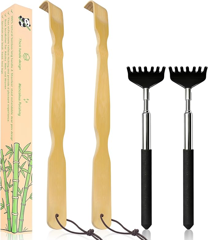4 Pcs Back scratchers,Bamboo & Extendable Stainless Steel Back Scratcher | for Back,Neck,Shoulders,Back Scratcher for Men Women Elderly,Gifts for Thanksgiving Birthday Christmas