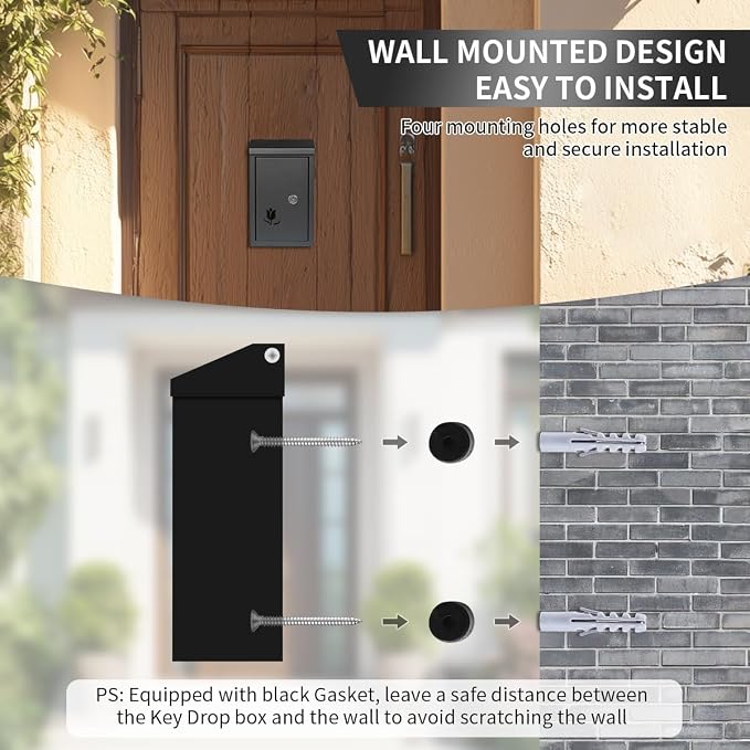 Ydocabinit Wall Mount Key Drop Box, with Key Lock & Flip & Top Slot, Steel Cash Drop Box, Storage Box for Mail, Packages, Donations, Voting, Suggestion for Outside Home Business 9.05"×5.51"×3.03"