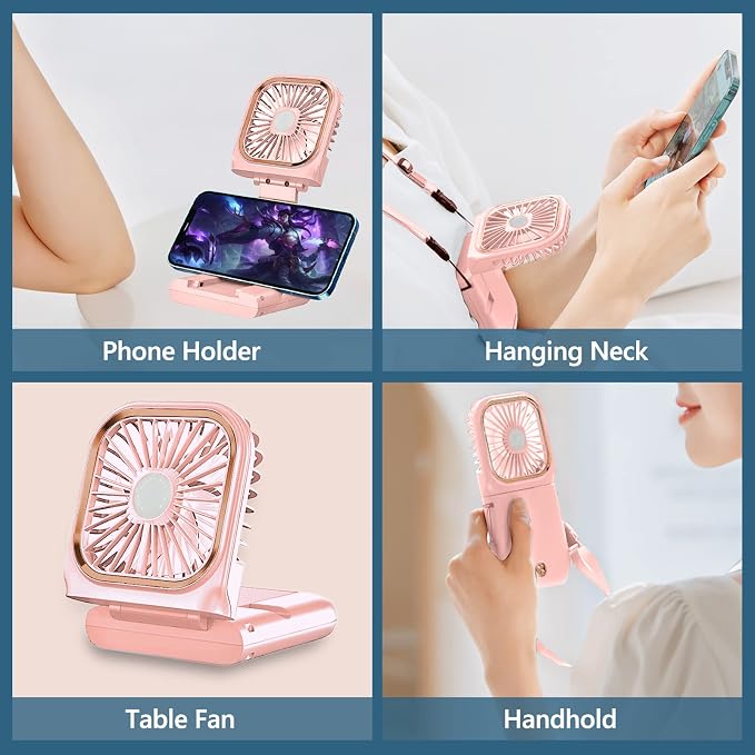 Portable Neck Fan Mini Quiet Handheld Personal Foldable USB Rechargeable Fan with Phone Holder founction for Home Office Outdoor Travel, Hands Free Necklace Fans
