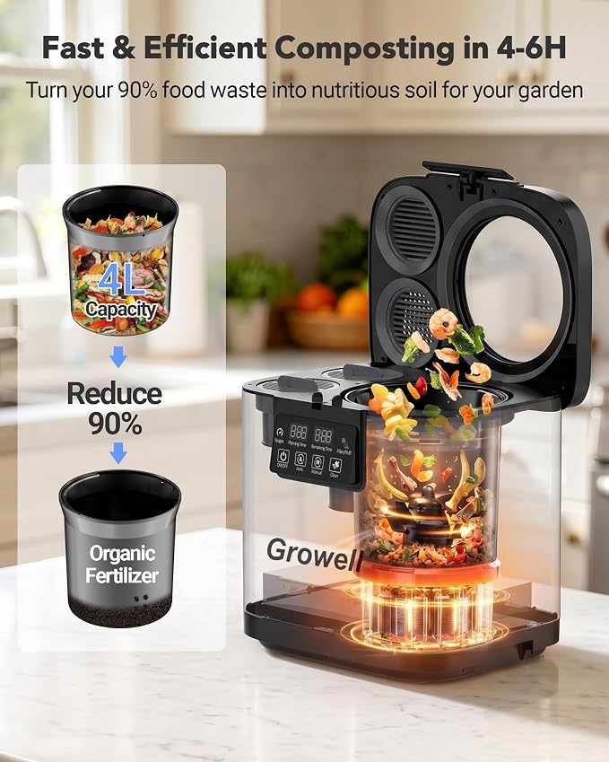 Growell 4L Electric Composter for Kitchen, Countertop, Indoor Compost Bin | Dual Carbon Filter, LED Touch Panel, Auto-Clean, Long-Life Brushless Motor, <40dB, Visible Window, Food Wast Recycler, Silver