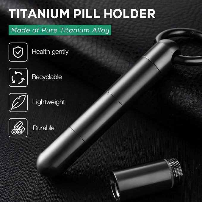 TISUR Small Keychain Pill Holder, Titanium Pill Case Waterproof Pill Fob for Travel Purse Pocket, Portable Pill Container Box Pill Organizer Tube | Waterproof Pill Fob,Portable Pill Box Container,Purse Pill Organizer Tube