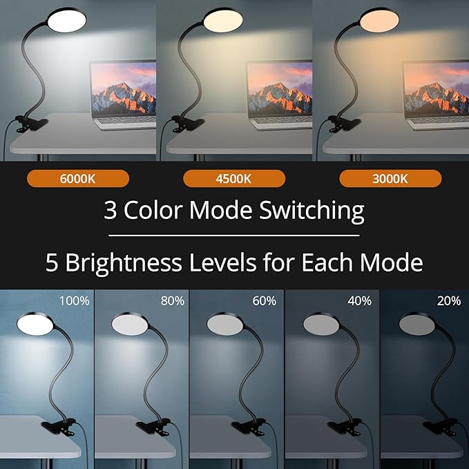 Reading Light with Remote, LED Desk Lamp Clip on [1H Timer & Nightlight] RA>95 Dimmable Flexible Gooseneck, Reading Lamp with Clamp for Table - 3.5'' (Adapter Included)