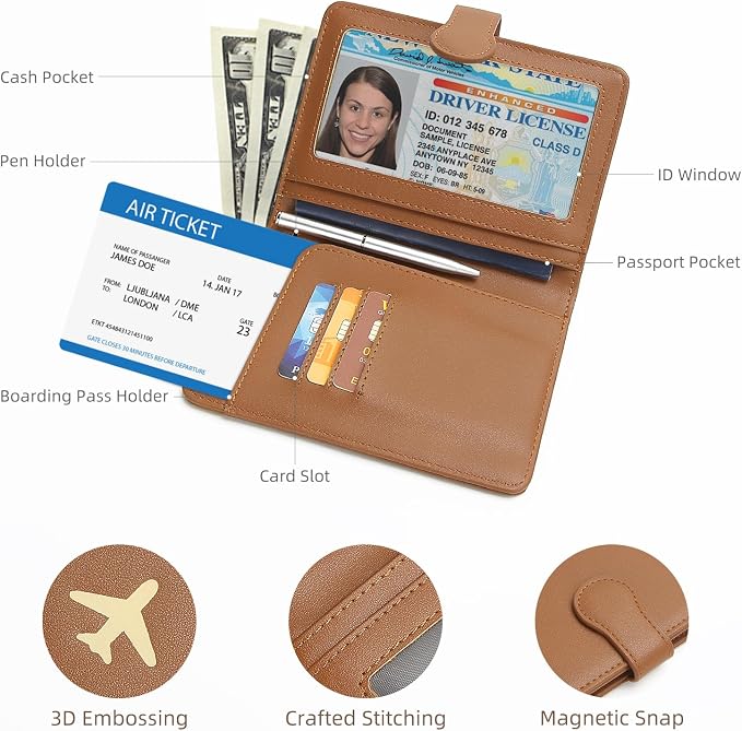 RFID Blocking Passport Holder Travel Wallet | RFID-blocking protects passport & cards. 4 slots, ID window, zipper pocket. PU leather, slim, light. Unisex brown.