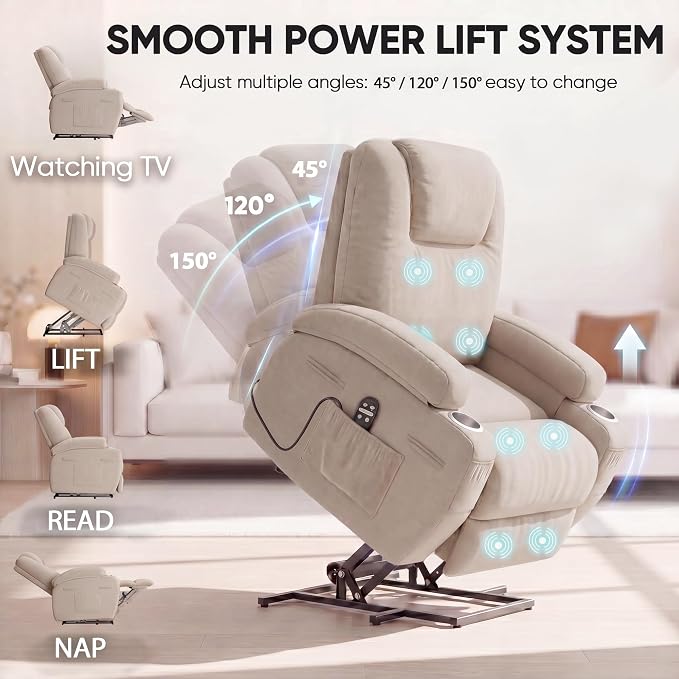 Flamaker Power Lift Chair Massage Recliner Chairs for Elderly | Ergonomic Lift Recliner Design with Cup Holders & Side Pockets, Remote Control (Beige)