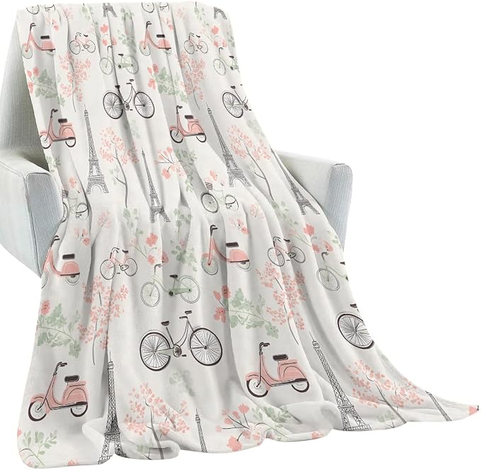 Parisian Bicycle Blanket Gifts for Kids Girls Women,Scooter and Eiffel Tower Throw Blankets,Soft Comfy Lightweight for Room Couch Bed Modern Stylish Decor,Travel Lover 60x50in