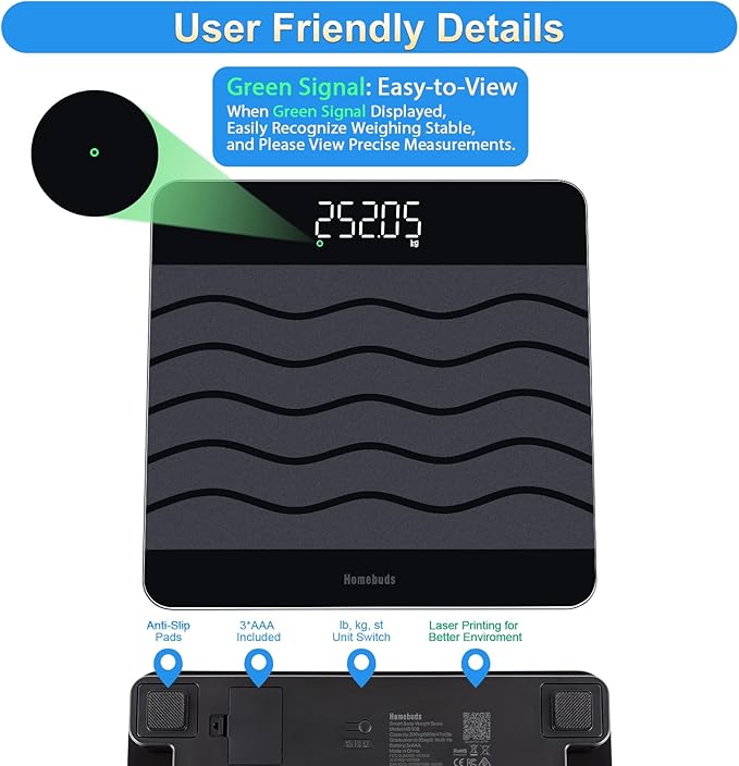 Homebuds 660lb Scale for Body Weight, Precision 0.1lb by Our Professional Scale Factory Since 2001, Smart Digital Weight Scale BMI Via APP, 8mm Non Slip Tempered Glass 12.4 * 12.4in, LED, Black