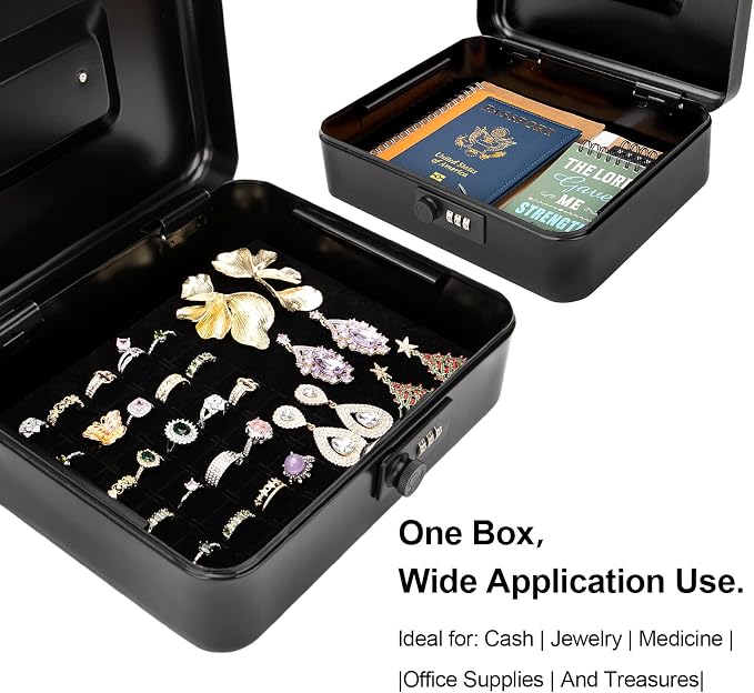 Jssmst Large Cash Box with Combination Lock – Durable Metal Cash Box with Money Tray Black(9.8 x 7.9 x 3.5), SM-CB07001L