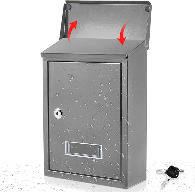 Amylove Weatherproof Mail Boxes with Key Lock, Security Locking Wall Mount Metal Mailbox with Slot for Outside, Large Capacity for Mail, Packages, Donations, Voting 11. 8" h x 8. 3" l x 2. 8" w, Gray