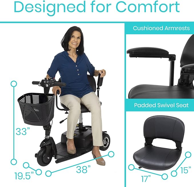 Vive 3 Wheel Mobility Scooter - Electric Powered Mobile Wheelchair Device for Adults - Folding, Collapsible and Compact for Travel - Long Range Power Extended Battery with Charger and Basket Included