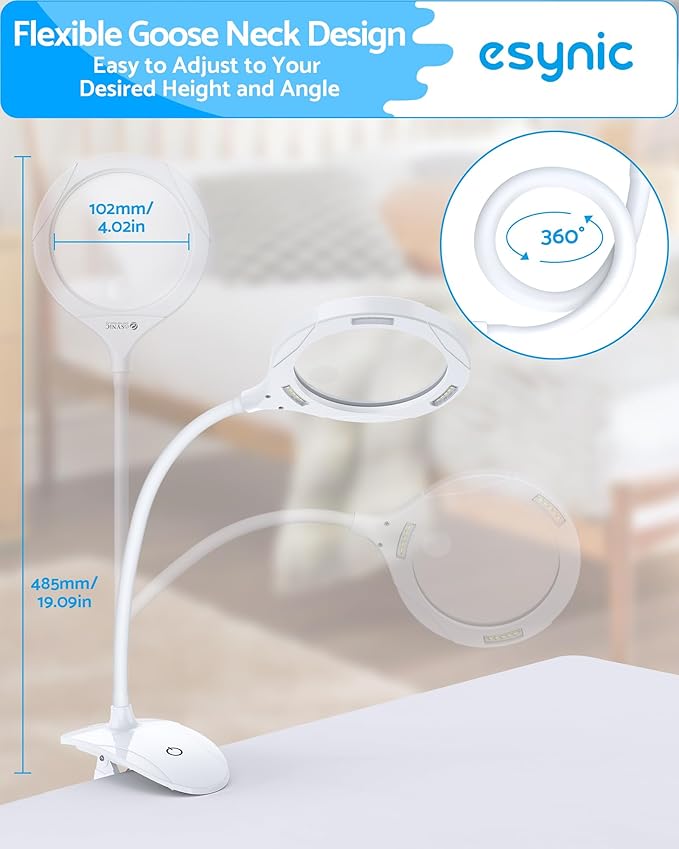 eSynic Desktop Magnifying Glass with 15 LED Lights-800mAh Rechargeable | 5X & 10X Acrylic Lens-3-Level Dimmable-Flexible Gooseneck-Clamp & Base Stand – for Reading/Soldering/Crafts/Elderly