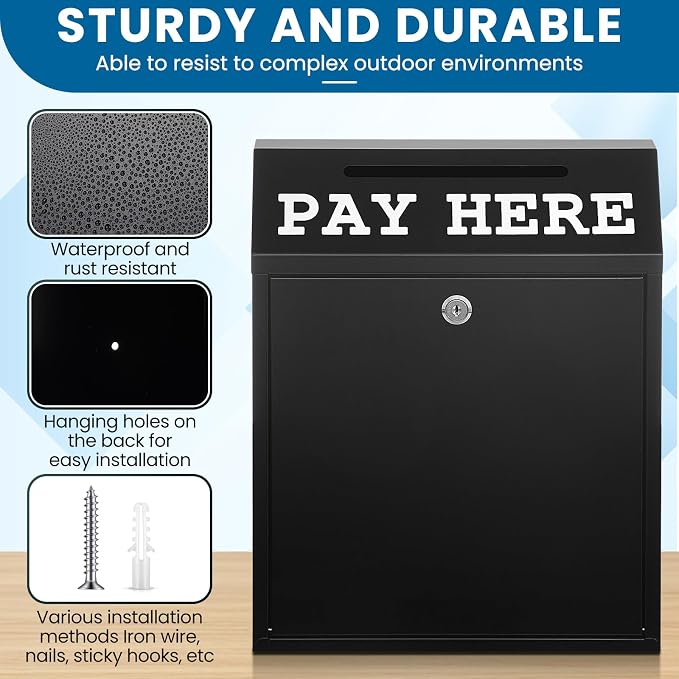 Yaocom Safe Metal Cash Box for Farm Stand – Money Drop and Secure Donation Collection, Wall Mount Lockable Unit with Pre Drilled Holes for Outdoor Self Serve(Black,15 x 12 x 4 Inch)