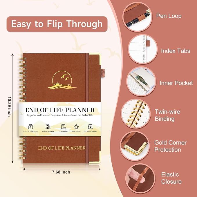 End of Life Planner, Estate Planning Organizer with Tabs for Senior, Spiral Funeral Planning Book with Large Font, Gold Corner Guards & Inner Pocket for Will Preparation, 7.36" x 10.4", Brown