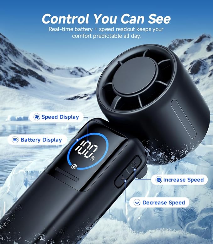 Turbo Handheld Portable Fan, 15000mAh Rechargeable Personal Fan | 100-speed Turbo Airflow up to 15m/s, up to 40H Runtime, Built-in Type-C 5V/2A Output, Display and Foldable Carry for Gift