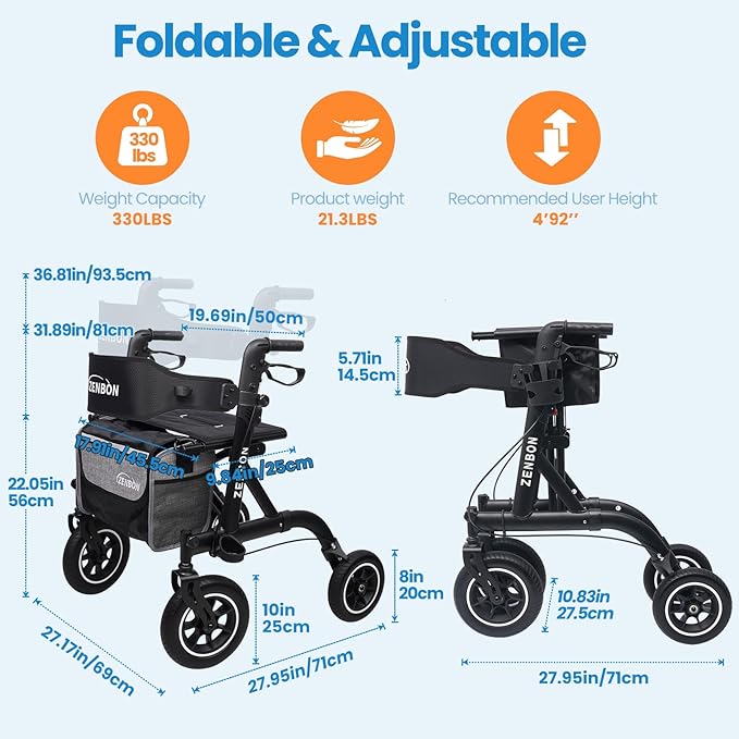 Rollator Walker for Seniors/Adults Foldable Rolling Walker with Seat 330 lbs Capacity 10 inch Wheels Hand Grips Adjustable Height Lightweight Aluminum Walker Removable Back Support 7210(Black)