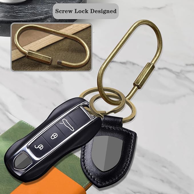 Key Chain, Brass Key Rings 2 Pack Screw Lock Key Organizer with 4 Rings Carabiner Keychain Clip for Men and Women