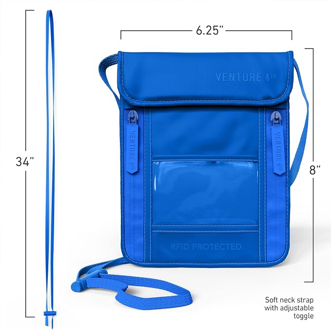 VENTURE 4TH Travel Neck Wallet, RFID Blocking Passport Holder - Sleek Blue