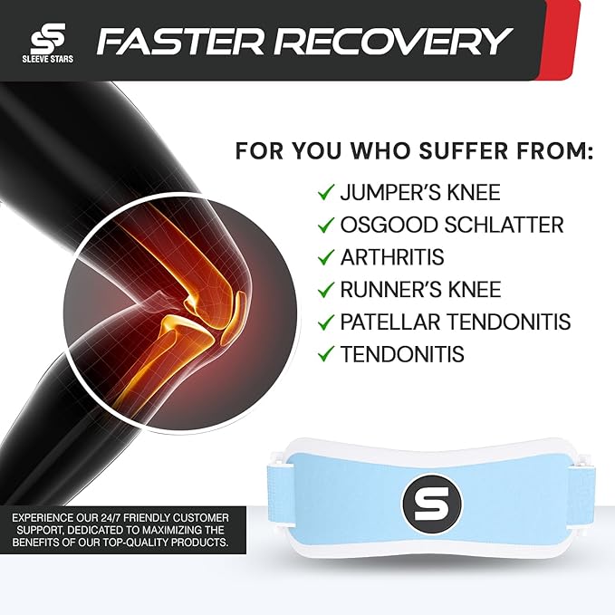 Sleeve Stars Swedish Brand Patellar Tendon Support Strap for Women & Men Effective Osgood Schlatter Knee Brace Youth & Kids Knee Brace with 3 Adjustable Length fits 12"-24" (Single/Light Blue/Adult)