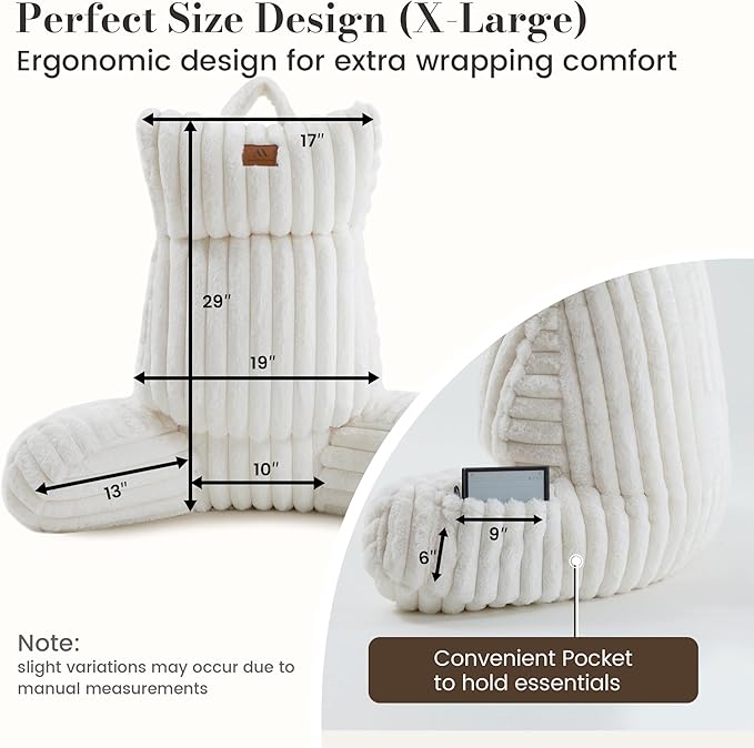 Amélie Home Faux Fur Reading Pillow with Pocket for Sitting in Bed, Adult Backrest Bed Pillow with Washable Cover for Lounging, Study & Relaxing, Ivory 29 inches