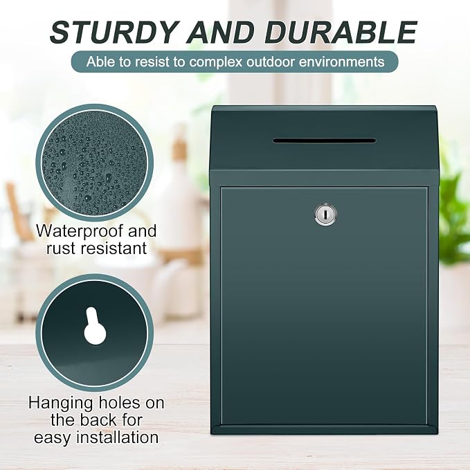 Yaocom Metal Money Box,Dark Green,11.81 x 8.58 x 4.72 Inch,No Lid | Wall Mounted Drop Donation Cash Box for Farm Stand Collection Safe Suggestion Box with Lock Container for Home Office Outdoor