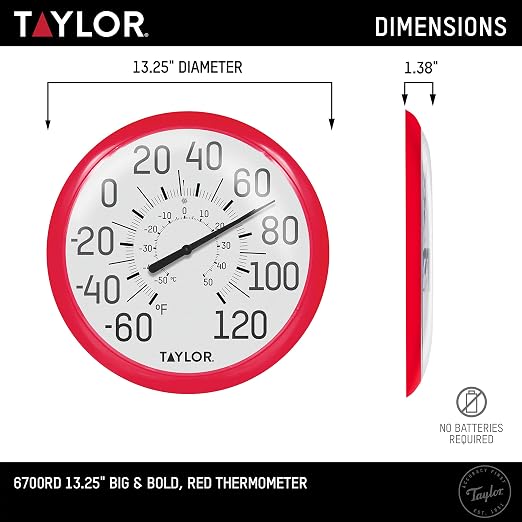 Taylor Big and Bold Wall Dial Thermometer, Indoor Outdoor Thermometer, Wireless Thermometer with Easy to Read Numbers for Patio, Pool, Garage and Indoor Areas, 13.25-inch, Red