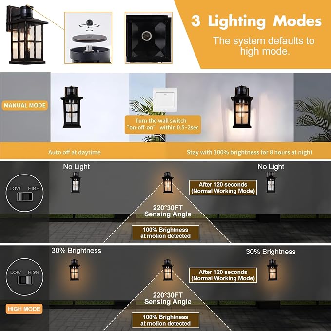 Outdoor Motion Sensor Light, Black Exterior Wall Lighting Fixtures,Dusk to Dawn Motion Sensor Outdoor Lights, Waterproof Front Porch Light Lantern for Garage, Patio. (Black, 1 Pack)