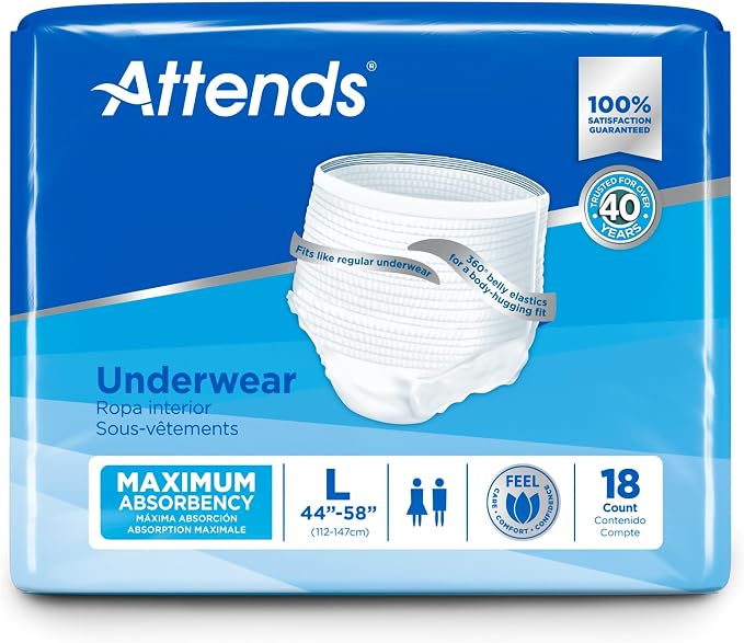 Attends Adult Absorbent Underwear, Large [18 Count] - Maximum Absorbency for Men and Women - Disposable Pull-On Diapers with Tear-Away Sides and Breathable Waistband - AP0730