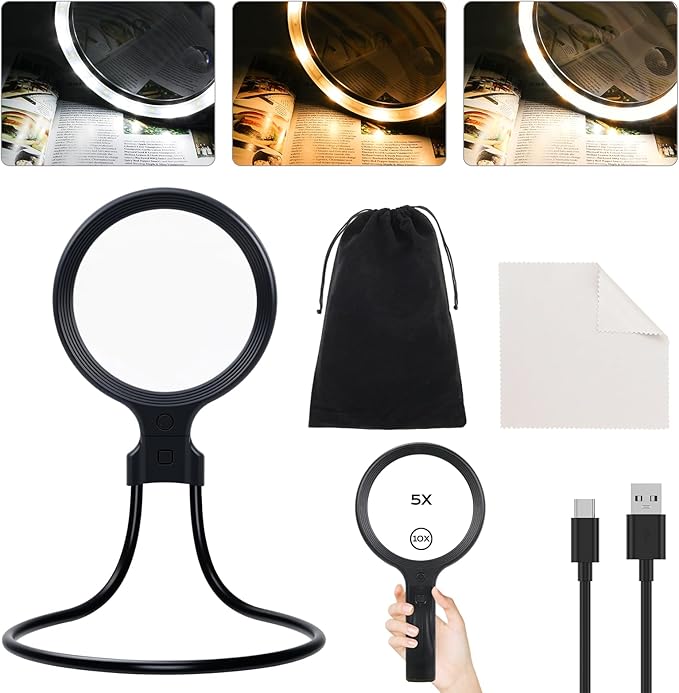 Hands Free & Handheld 10X/5X Magnifying Glass, Rechargeable 30 LED with 3 Light Modes for Seniors with Low Vision, Reading, Crafting (Black)