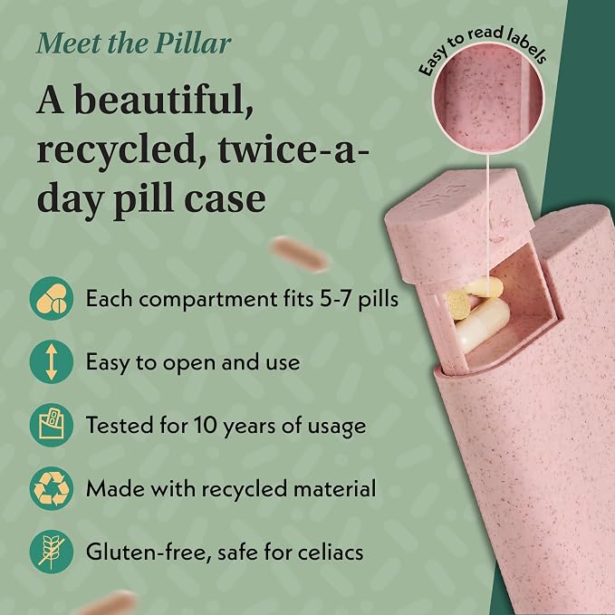 Pillar AM/PM Pill Box Organizer Two Times a Day | Aesthetic 7 Day Tablet Organizer 2 Times A Day | Beautiful Weekly Pill Box for Day and Night Medication (Soft Pink)