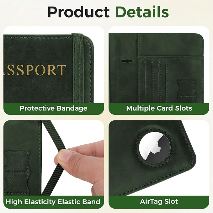 Passport Holder Travel Women Men, Passport Wallet with Airtag Slot, Green | RFID Blocking PU Leather Passport Holder Cover Case with Card Holder, Pen Slot