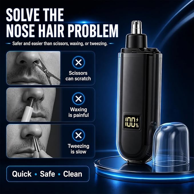 Portable Nose Hair Trimmer for Men Women, Update Ear and Nose Hair Trimmer Clipper, Waterproof Dual Edge Blades Nasal Trimmers with LED Display, USB-C Rechargeable Facial Hairs Remover, Mini Size