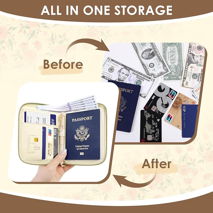 KONVINIT Beige Base Passport Holder For Travel, Passport Cover For Women | Leather RFID Blocking Passport Holder, Cute Passport Wallet with Zipper Closure, Passport Case for Women and Men