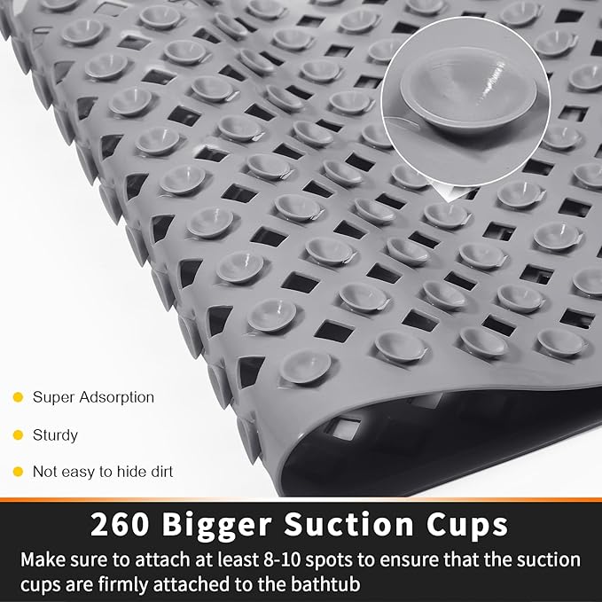 Yimobra Bathtub Mat Non Slip, Super Strong Suction Cups, 27.5"x15.5" Long Shower Mat with Drain Holes, Machine Washable Fast Draining Bath Mats, Bathroom Essentials,Gray