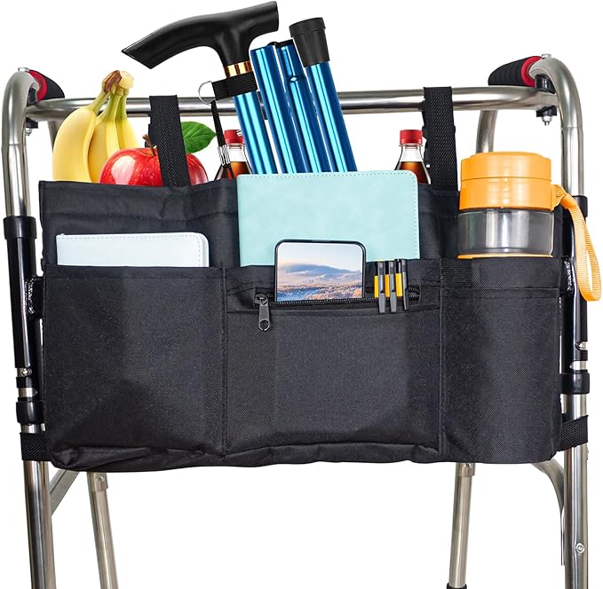 Upgrade Walker Bag with Soft Cooler & Cup Holder,Walker Accessories Walker Bags For Folding Walker,WalkerBaskets,Cup Holder For Walker,Rollator Bag With Cup Holder, Basket For Walker (Black-Upgrade)